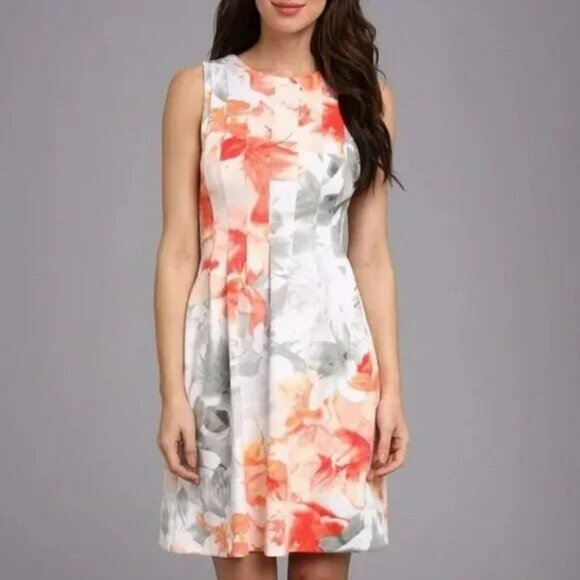 Vince Camuto Peach Coral Orange Gray Pintuck Pleated Scuba Fit & Flare Dress S 4